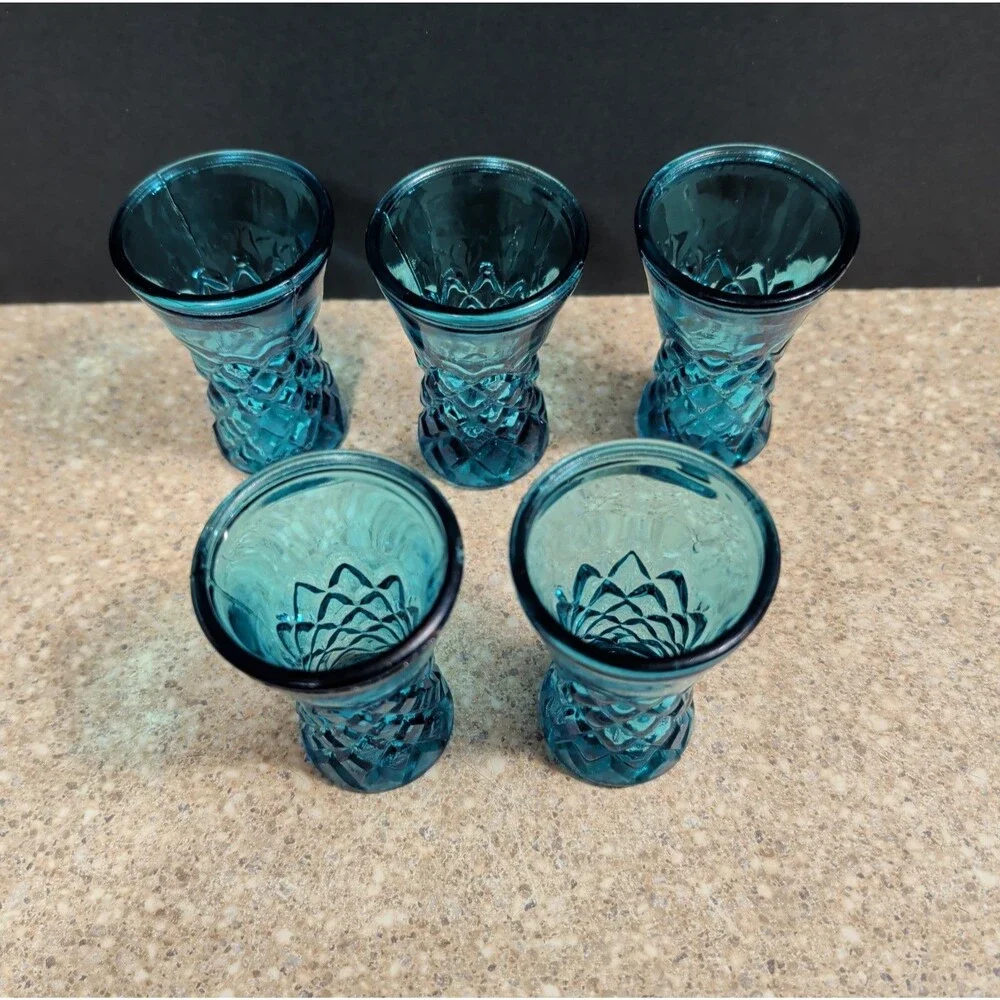 Set of 5 Vintage Diamond Pattern Blue Glass Shot Glasses Made in Tawian